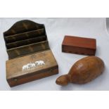 A three-division Japanese lacquer letter rack, an inlaid rosewood box and a carved tortoise,