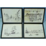 Harry Clout (20th century) Four ink studies of 'Romantic' views of Portsmouth/Old Portsmouth. Signed