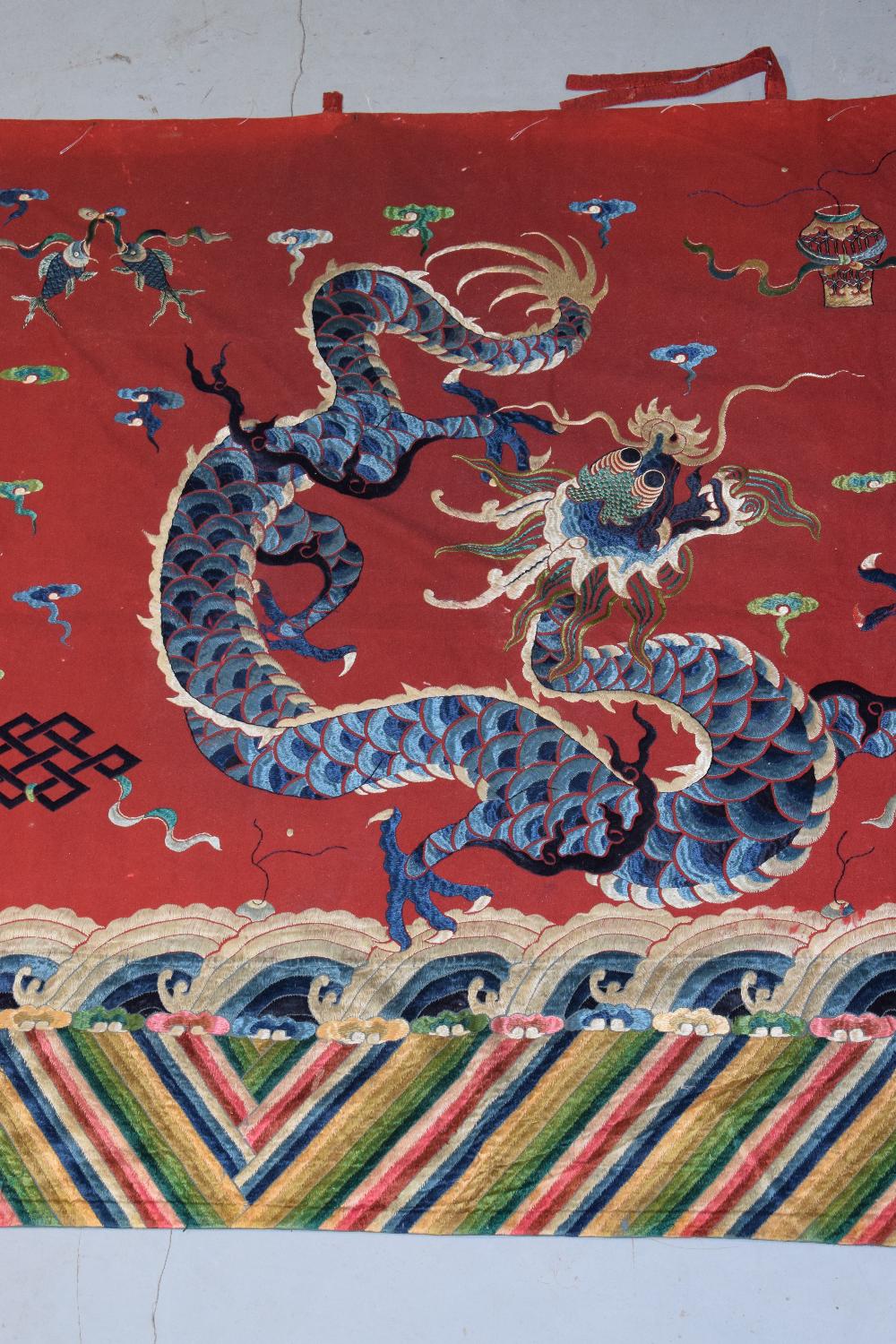 Chinese temple hanging, late 19th century, 60in. x 128in. 153cm. x 325cm. Red felted wool ground - Image 4 of 9