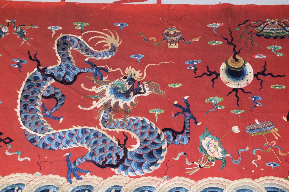 Chinese temple hanging, late 19th century, 60in. x 128in. 153cm. x 325cm. Red felted wool ground - Image 6 of 9