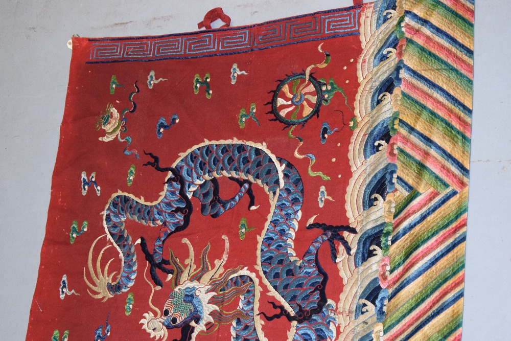 Chinese temple hanging, late 19th century, 60in. x 128in. 153cm. x 325cm. Red felted wool ground - Image 2 of 9
