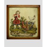 Berlin woolwork picture, depicting a child playing a harmonica(?) with bantams and chicks at her
