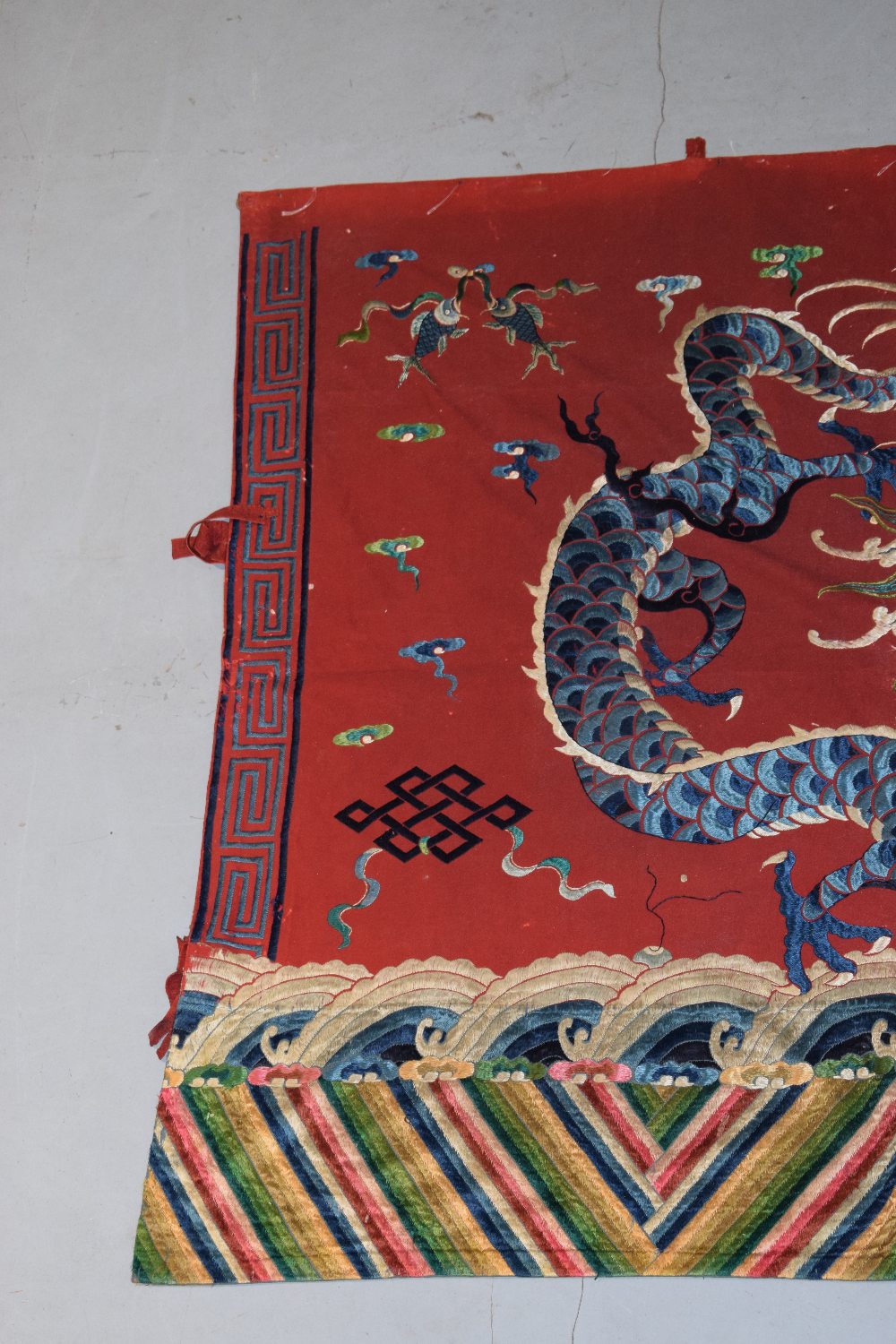 Chinese temple hanging, late 19th century, 60in. x 128in. 153cm. x 325cm. Red felted wool ground - Image 5 of 9