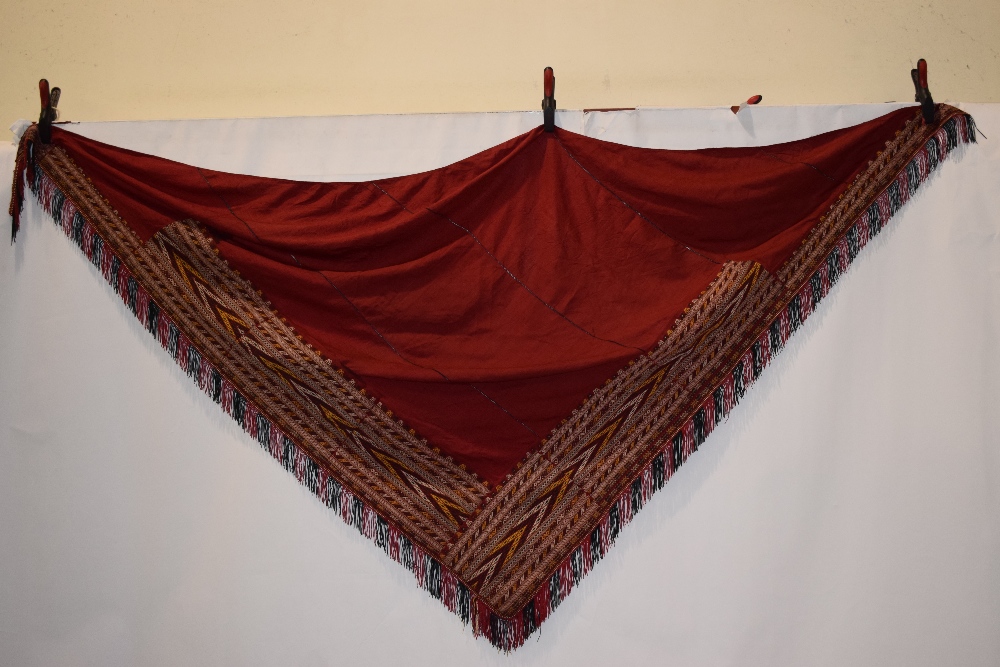 Turkmen red silk triangular shawl, Turkmenistan, early 20th century, 57in. x 105in. 145cm. x - Image 2 of 8