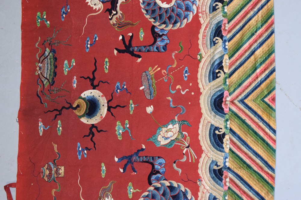 Chinese temple hanging, late 19th century, 60in. x 128in. 153cm. x 325cm. Red felted wool ground - Image 3 of 9