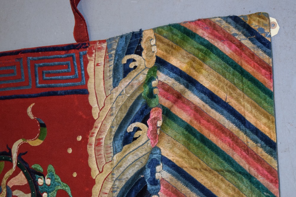 Chinese temple hanging, late 19th century, 60in. x 128in. 153cm. x 325cm. Red felted wool ground - Image 8 of 9
