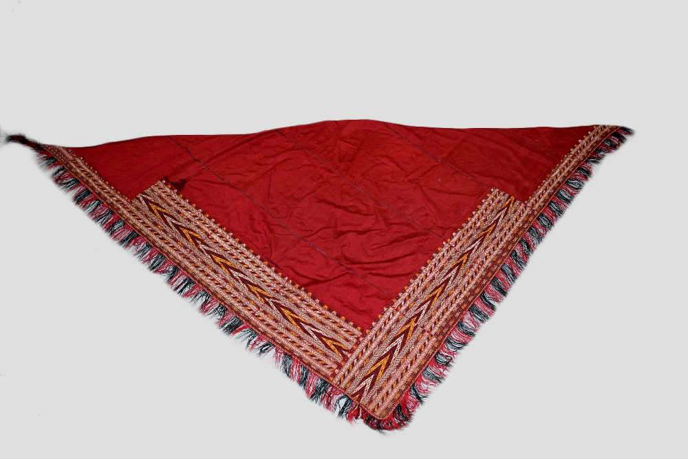 Turkmen red silk triangular shawl, Turkmenistan, early 20th century, 57in. x 105in. 145cm. x