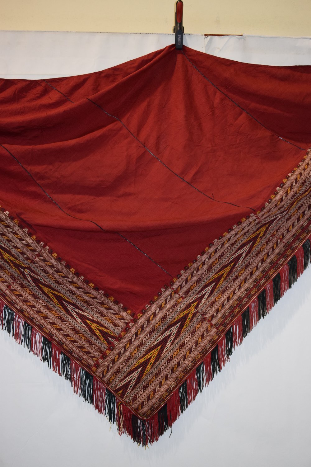 Turkmen red silk triangular shawl, Turkmenistan, early 20th century, 57in. x 105in. 145cm. x - Image 4 of 8