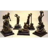 Seven early twentieth century bronze figures of working Artisans, a mother carrying a water pot on