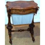 A Victorian walnut work table, the serpentine top with well figured veneer, a frieze drawer, the