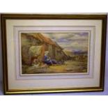 James Hardy. A Victorian signed watercolour of a young man whittling a stick, with his dogs