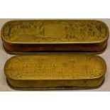 Two eighteenth century Dutch oblong brass tobacco boxes, one with copper sides engraved domestic