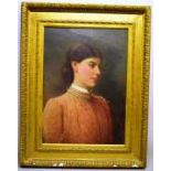 A Victorian oil painting on canvas, portrait of a young lady wearing a high neck pink dress, with a