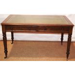 A Victorian mahogany writing table, the rectangular top inset green gilt tooled leather, the two