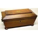 A George IV rosewood veneered sarcophagus shape tea chest, the lid with a brass plate and stringing,