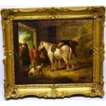 English school. An oil painting on board, a farmer and a gentleman conversing outside a stable