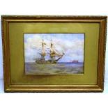 J Fraser 1910. A signed watercolour of an old naval frigate under sail passing a sea fort off