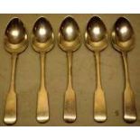 Five early nineteenth century Scottish provincial silver dessert spoons, the fiddle pattern