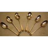 A set of six silver George III silver teaspoons, hanoverian pattern having, rococo picture back