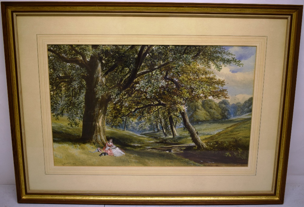 J E Duckley, 1871. A signed Victorian watercolour of a young lady reading a book, with her