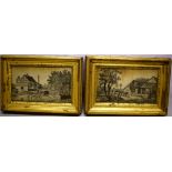 A pair of early nineteenth century cream silkwork pictures, with black thread rural scenes of farm