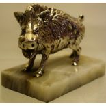 A George V cast silver model paperweight of a wild boar, standing on an onyx rectangular plinth, 4in
