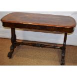 A Victorian walnut library table, the rectangular top with well figured burr veneer, with a cross