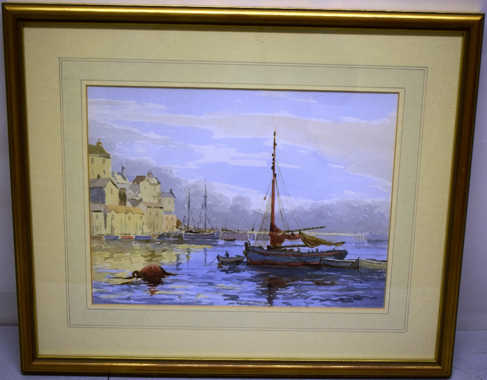 Douglas Bowen. Two signed watercolours, boats in the harbour at Lymington and the River Test showing - Image 2 of 2
