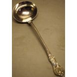 A Victorian silver soup ladle, Queens pattern engraved an armorial of three bees, having an oval
