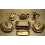 A pair of electroplate oval entrees dishes, with panelled serpentine sides, gadroon borders, the