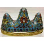 A Chinese blue cloisonne three peaked mountain brush rest, decorated with scrolling lotus, the