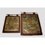 Two Tibetan Thankas, both painted with Buddhist deities in the centre, with many figures in