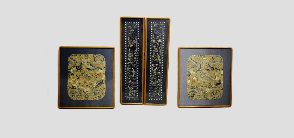 Four Chinese embroideries, comprising: pair of robe fragments, 19th century, yellow silk ground