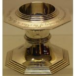 A Salters Company silver pedestal octagonal salt, given to commemorate the Allied Victory at the end