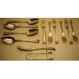 Old English pattern silver, four Regency table spoons, engraved initial 'A', a butter knife, a