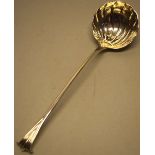 A late Victorian silver punch ladle, onslow pattern with a shell fluted circular bowl, Maker John