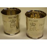 A pair of Silver Jubilee beakers in Brittania standard, inscribed 'here's a health unto her Majesty'