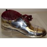 A George IV silver novelty pin cushion, of a gentleman's shoe with an 'Oxford' toe cap, an oak