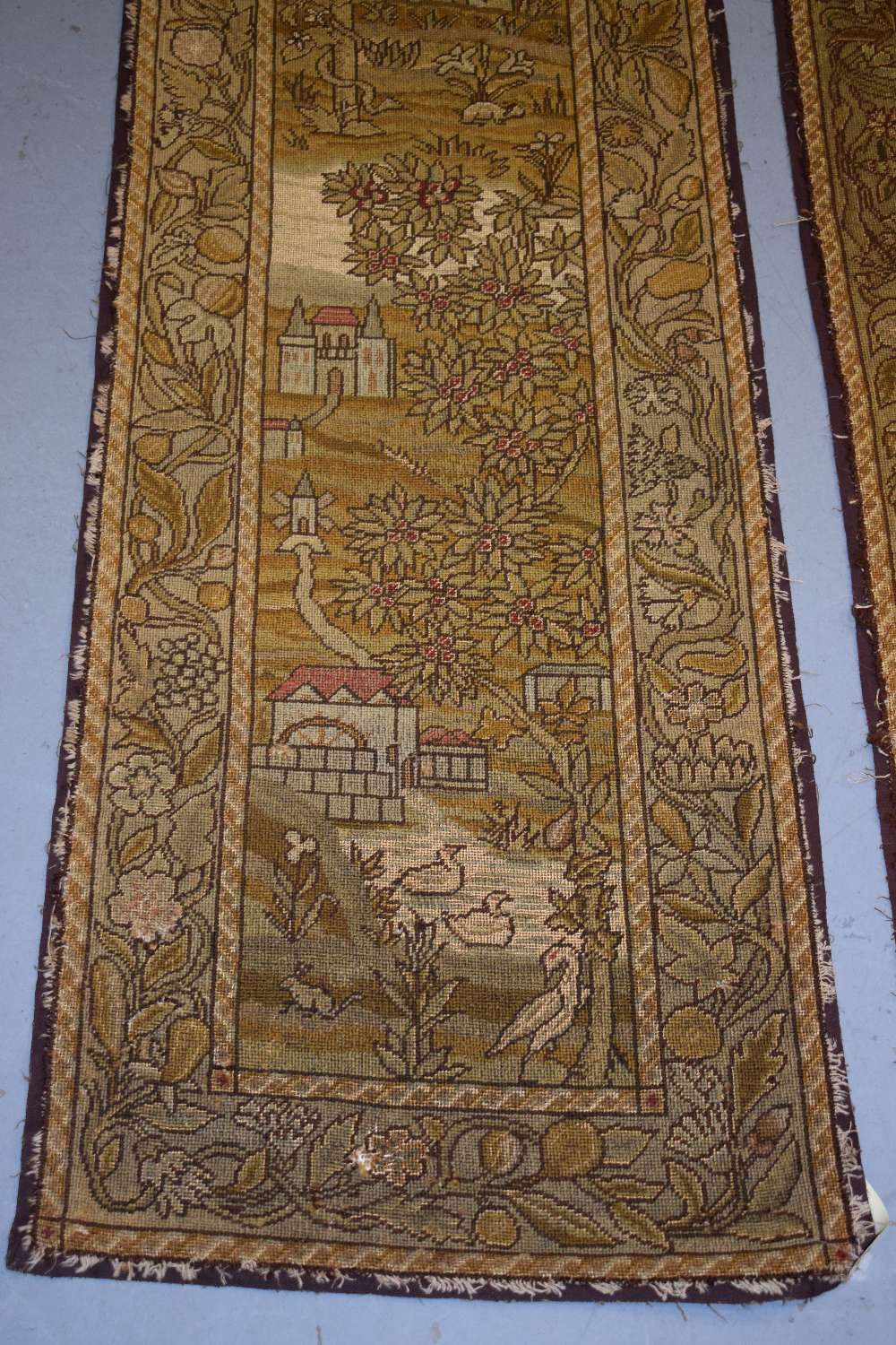 Pair of English needlework hangings, early 19th century, each 60in. X 19in. 152cm. X 48cm. Worked in - Image 5 of 6