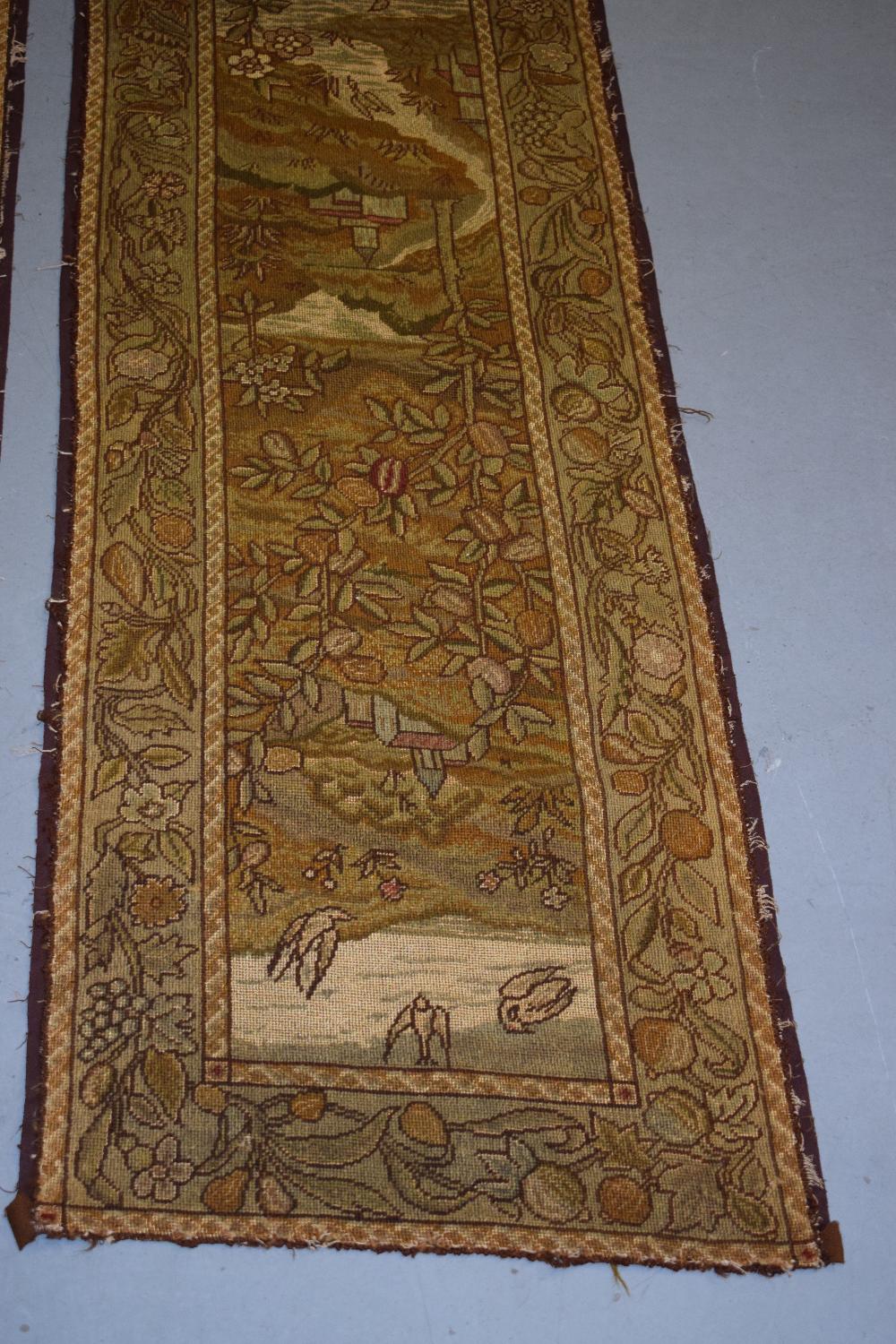 Pair of English needlework hangings, early 19th century, each 60in. X 19in. 152cm. X 48cm. Worked in - Image 2 of 6