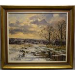 Angus Rands. A signed oil painting on canvas, winter landscape with sheep by a pond, distant view of