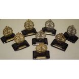 Eight late Victorian unmarked silver colonial cap badges for the Royal Berkshire regiment, mounted