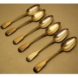 Six George III silver fiddle pattern table spoons, engraved a star crest above initials, five Makers