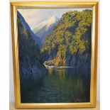 Graham Brinsley, '99. A signed oil painting on board, a fisherman at Milford Sound, South Island,