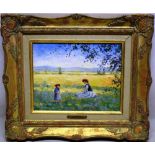 Jeanette Levers. A signed oil painting on board, mother and child in the shade by a cornfield,