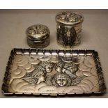 A late Victorian/Edwardian silver rectangular dressing table tray (a split to the border) 10.9in (