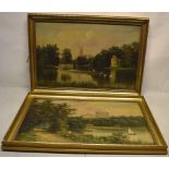 J Lewis. A pair of late nineteenth century signed oil paintings on canvas, on the Thames garden