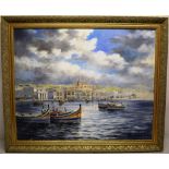 Jon Gulian; Malta '72. A signed oil painting on canvas, view of the harbour Valetta, with fishing