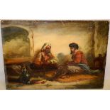 Mueller. A nineteenth century signed oil painting on wood panel, two Arabs conversing with a