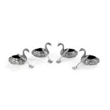 Four .800 Silver Figural Swan Salts and Spoons